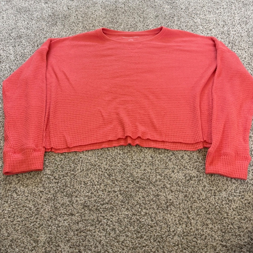 American Eagle Waffle Knit Thermal Top Coral Pink Long Sleeve Cropped Large